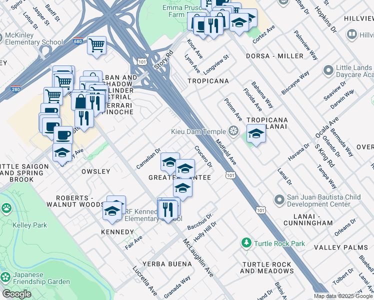map of restaurants, bars, coffee shops, grocery stores, and more near 1442 McQuesten Drive in San Jose