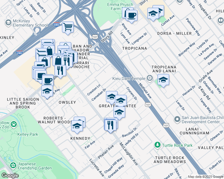 map of restaurants, bars, coffee shops, grocery stores, and more near 1379 McQuesten Drive in San Jose