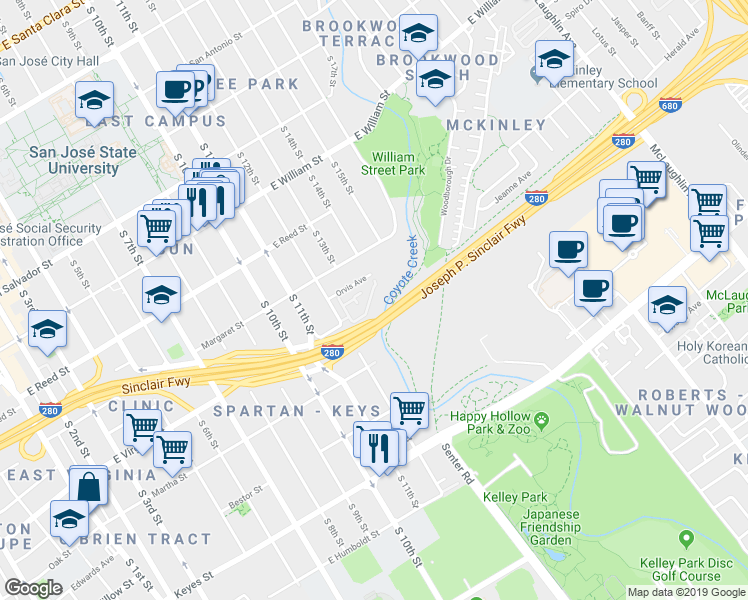 map of restaurants, bars, coffee shops, grocery stores, and more near 672 Valley Oak Terrace in San Jose