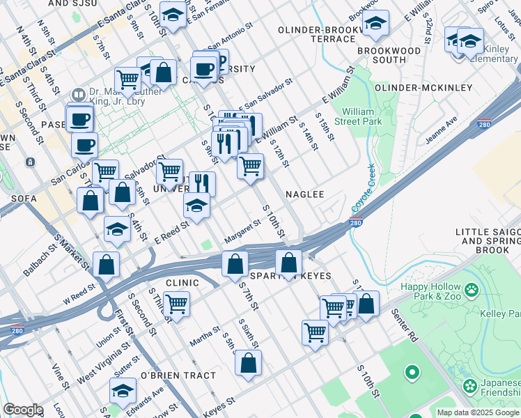 map of restaurants, bars, coffee shops, grocery stores, and more near 673 South 10th Street in San Jose
