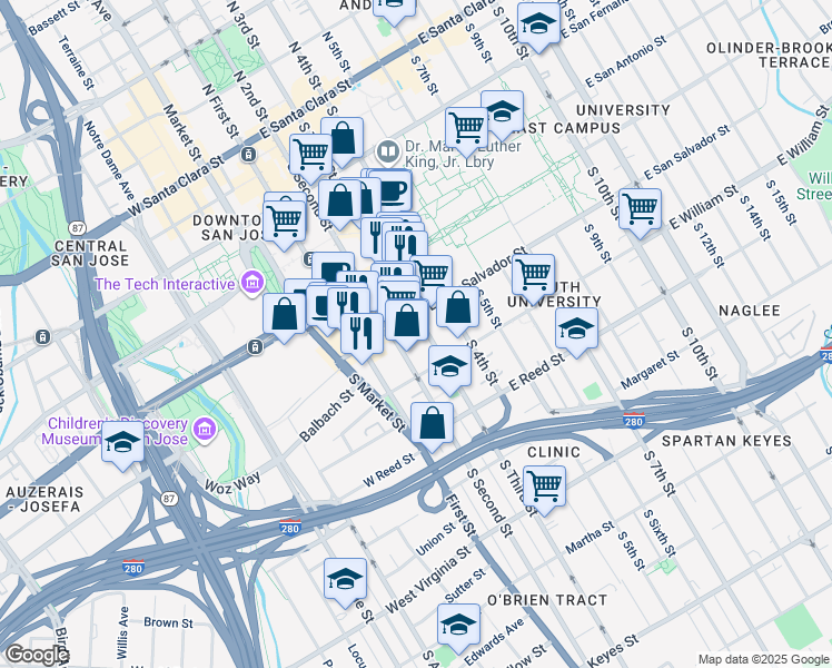 map of restaurants, bars, coffee shops, grocery stores, and more near in San Jose