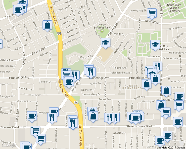 map of restaurants, bars, coffee shops, grocery stores, and more near 2327 Pruneridge Avenue in Santa Clara