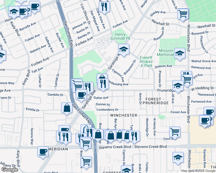 map of restaurants, bars, coffee shops, grocery stores, and more near 2327 Pruneridge Avenue in Santa Clara