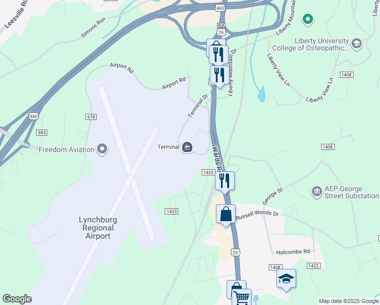 map of restaurants, bars, coffee shops, grocery stores, and more near 350 Terminal Dr in Lynchburg
