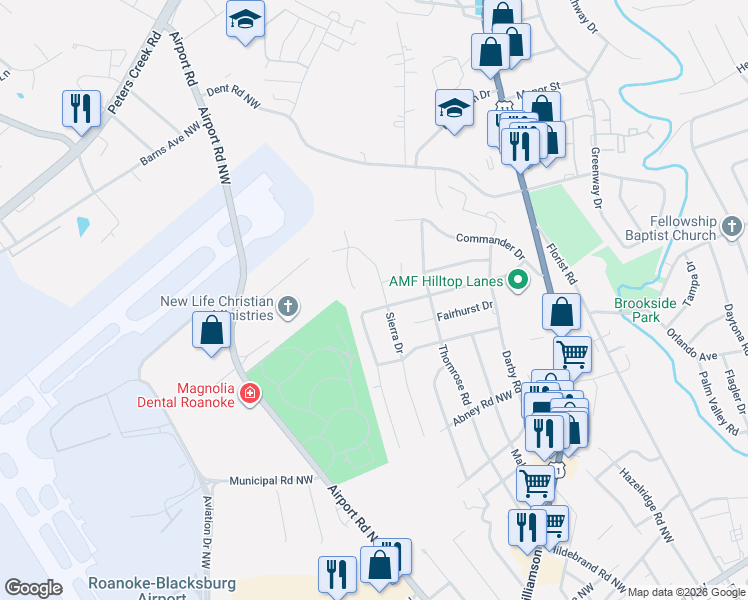 map of restaurants, bars, coffee shops, grocery stores, and more near 1099 Grove Lane in Roanoke