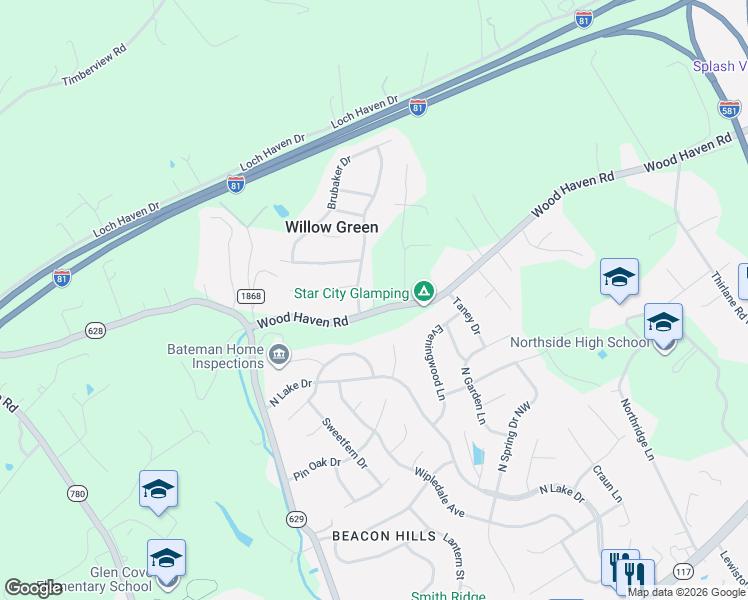 map of restaurants, bars, coffee shops, grocery stores, and more near 8131 Wood Haven Rd in Roanoke