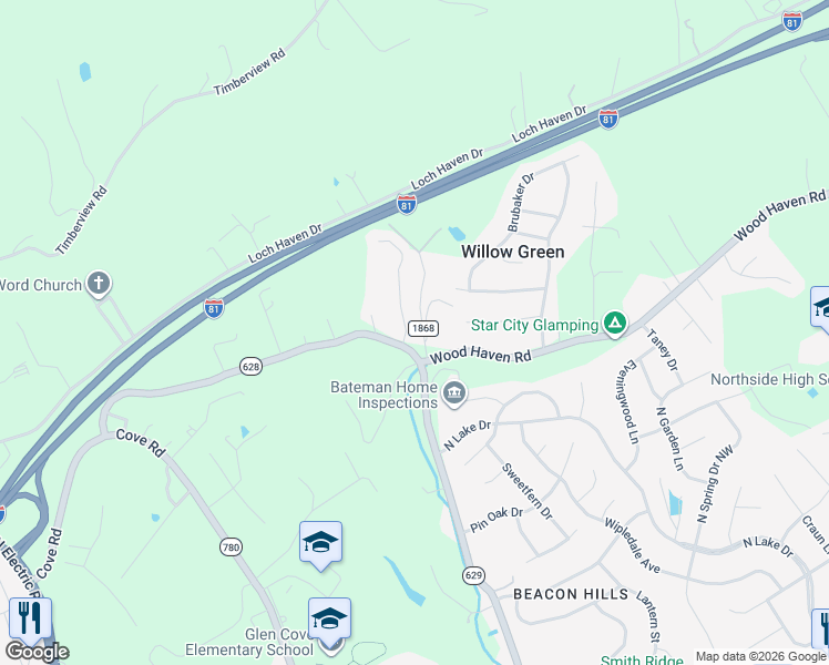 map of restaurants, bars, coffee shops, grocery stores, and more near 3316 Green Ridge Court in Roanoke