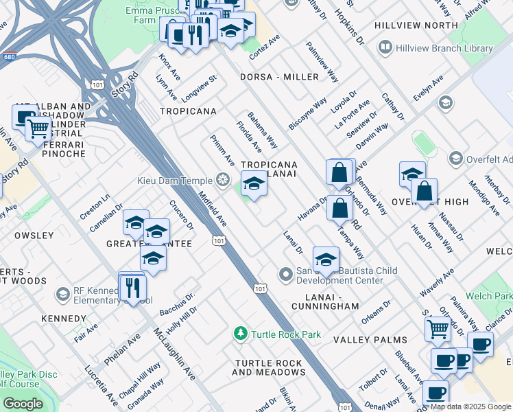 map of restaurants, bars, coffee shops, grocery stores, and more near in San Jose