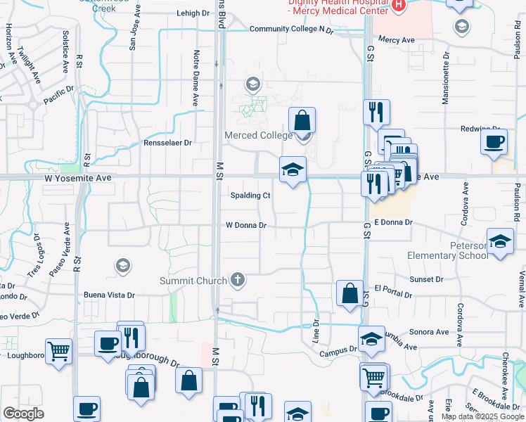 map of restaurants, bars, coffee shops, grocery stores, and more near 3516 Wathen Avenue in Merced