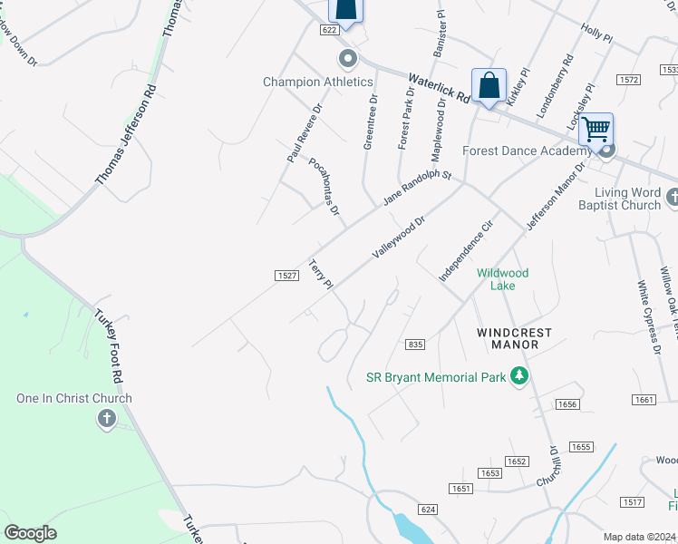 map of restaurants, bars, coffee shops, grocery stores, and more near 215 Valleywood Drive in Forest