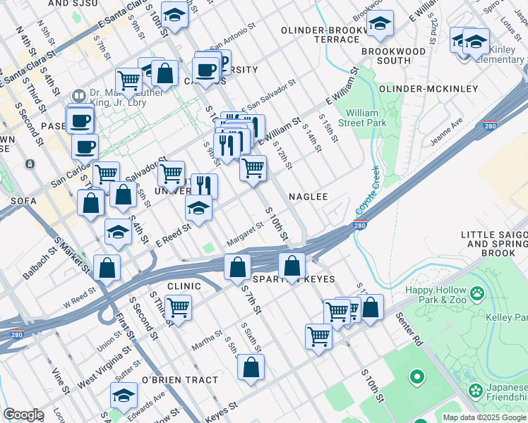 map of restaurants, bars, coffee shops, grocery stores, and more near 673 South 10th Street in San Jose