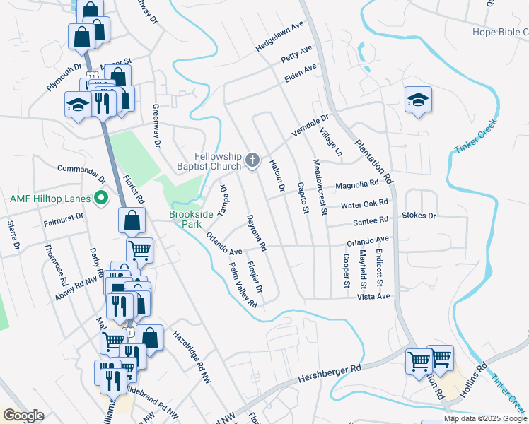 map of restaurants, bars, coffee shops, grocery stores, and more near 5544 Oakland Boulevard in Hollins