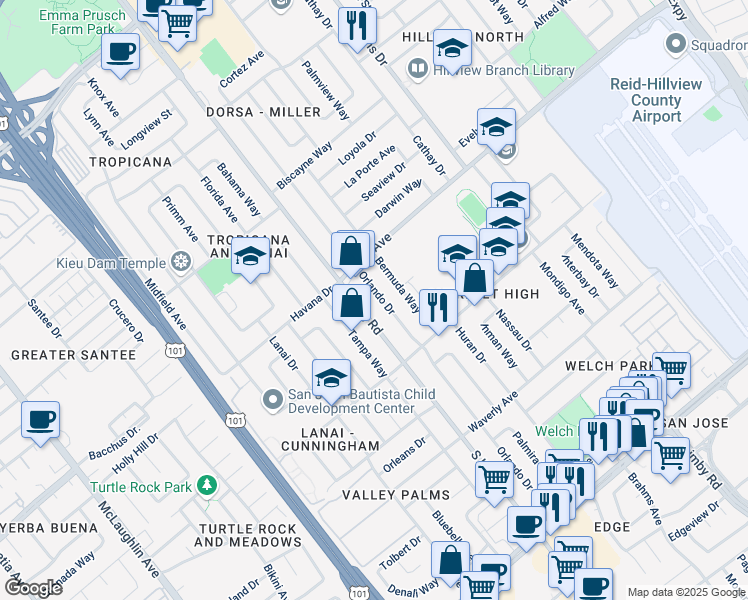 map of restaurants, bars, coffee shops, grocery stores, and more near 1867 Orlando Drive in San Jose