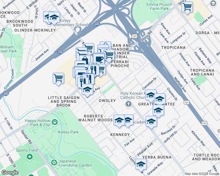 map of restaurants, bars, coffee shops, grocery stores, and more near 1227 McLaughlin Avenue in San Jose