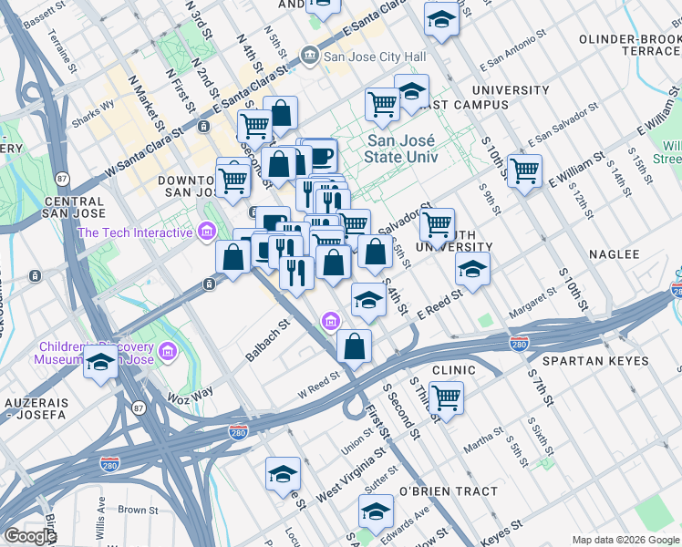 map of restaurants, bars, coffee shops, grocery stores, and more near 427 South 3rd Street in San Jose
