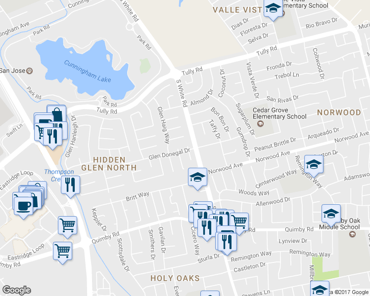 map of restaurants, bars, coffee shops, grocery stores, and more near 2597 Glen Hedge Court in San Jose