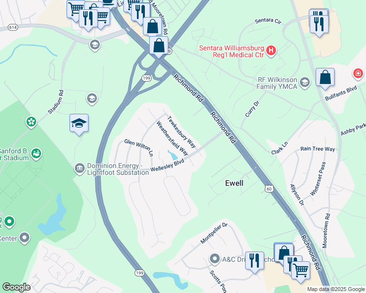 map of restaurants, bars, coffee shops, grocery stores, and more near 6208 Weathersfield Way in Williamsburg