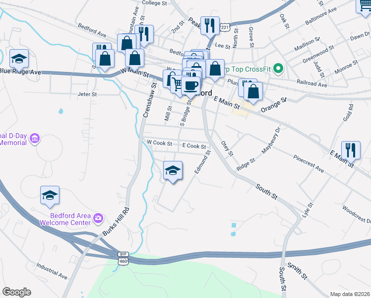 map of restaurants, bars, coffee shops, grocery stores, and more near 510 E Cook St in Bedford