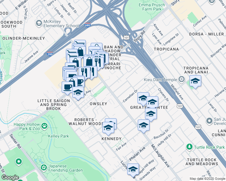 map of restaurants, bars, coffee shops, grocery stores, and more near 1153 Winslow Drive in San Jose