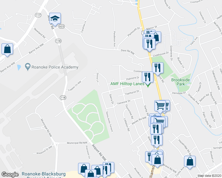 map of restaurants, bars, coffee shops, grocery stores, and more near 933 Anchor Drive in Roanoke