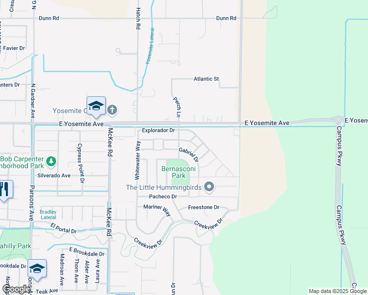 map of restaurants, bars, coffee shops, grocery stores, and more near 2391 Gabriel Drive in Merced