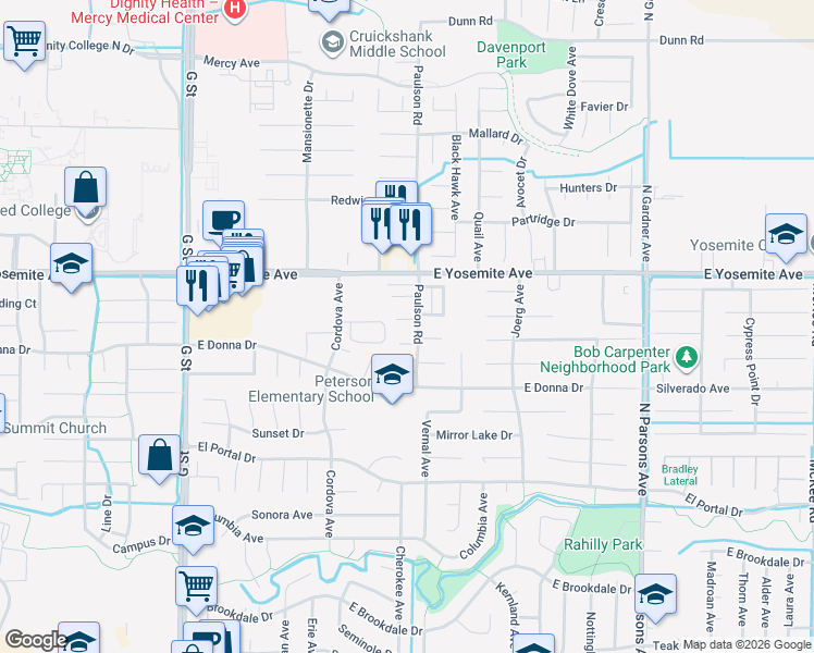 map of restaurants, bars, coffee shops, grocery stores, and more near 976 Antler Court in Merced