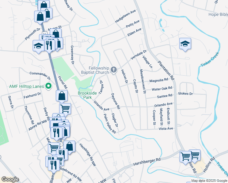 map of restaurants, bars, coffee shops, grocery stores, and more near 5619 Daytona Road in Hollins