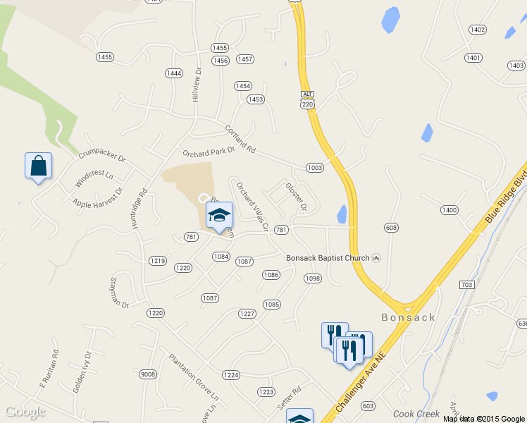 map of restaurants, bars, coffee shops, grocery stores, and more near 5317 Orchard Villas Circle in Roanoke