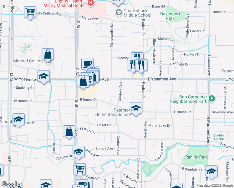 map of restaurants, bars, coffee shops, grocery stores, and more near 567 Bodega Court in Merced