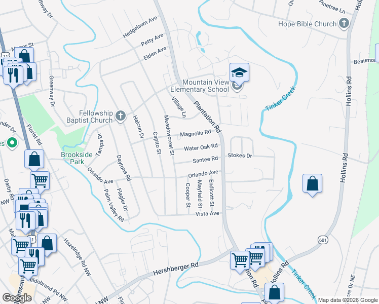 map of restaurants, bars, coffee shops, grocery stores, and more near 543 Water Oak Rd in Roanoke