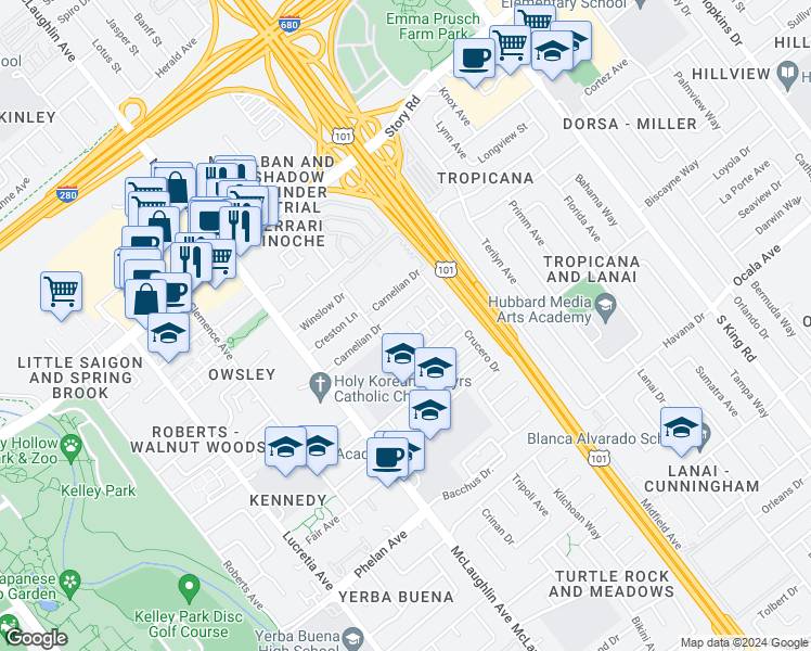 map of restaurants, bars, coffee shops, grocery stores, and more near 1379 McQuesten Drive in San Jose