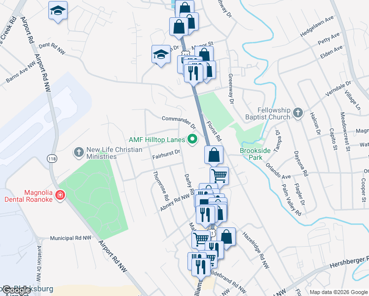 map of restaurants, bars, coffee shops, grocery stores, and more near 5901 Darby Road in Roanoke