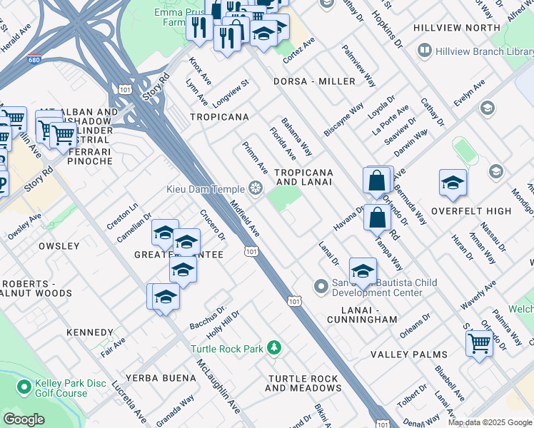 map of restaurants, bars, coffee shops, grocery stores, and more near 1632 Terilyn Avenue in San Jose
