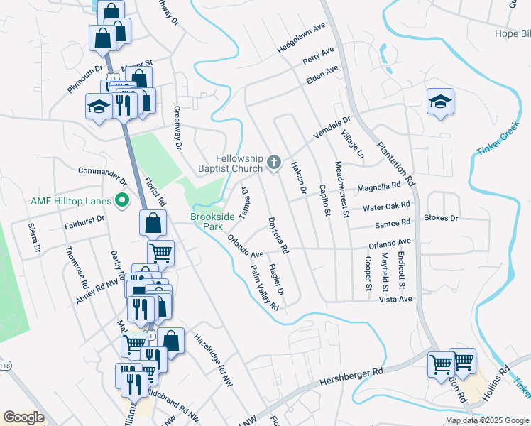 map of restaurants, bars, coffee shops, grocery stores, and more near 5616 Daytona Road in Hollins