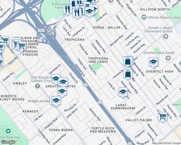 map of restaurants, bars, coffee shops, grocery stores, and more near 1632 Terilyn Avenue in San Jose