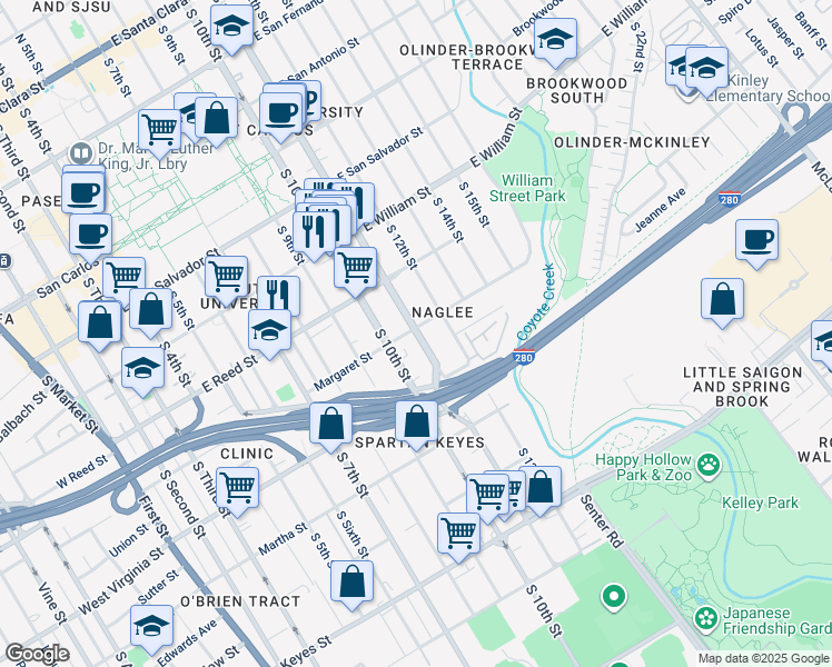 map of restaurants, bars, coffee shops, grocery stores, and more near in San Jose