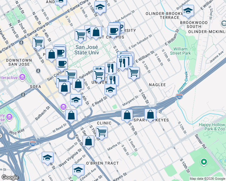 map of restaurants, bars, coffee shops, grocery stores, and more near 311 East Reed Street in San Jose