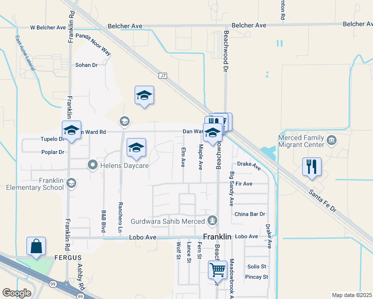 map of restaurants, bars, coffee shops, grocery stores, and more near 2932 Elm Avenue in Merced