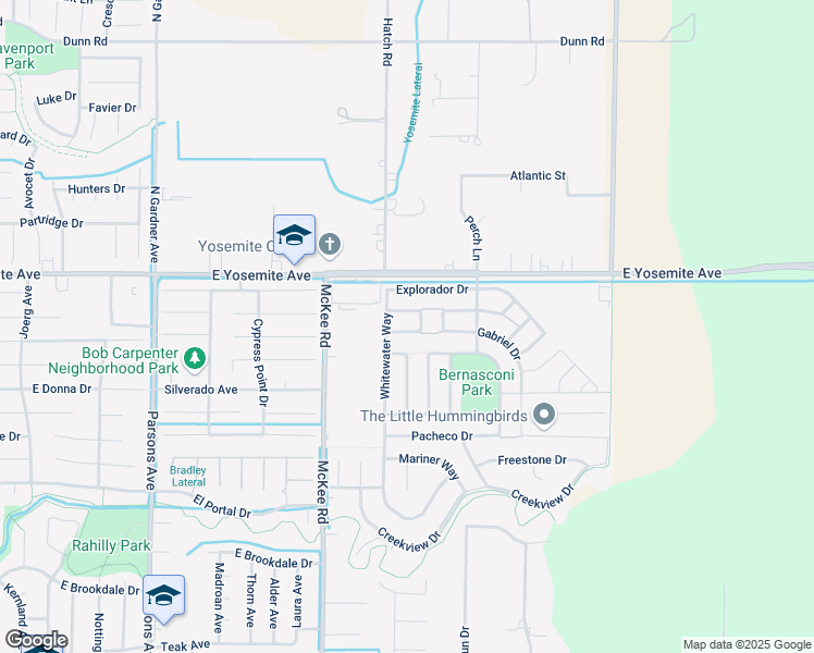 map of restaurants, bars, coffee shops, grocery stores, and more near 2333 Malaspina Drive in Merced