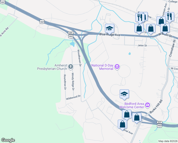 map of restaurants, bars, coffee shops, grocery stores, and more near U.S. 460 Bypass in Bedford