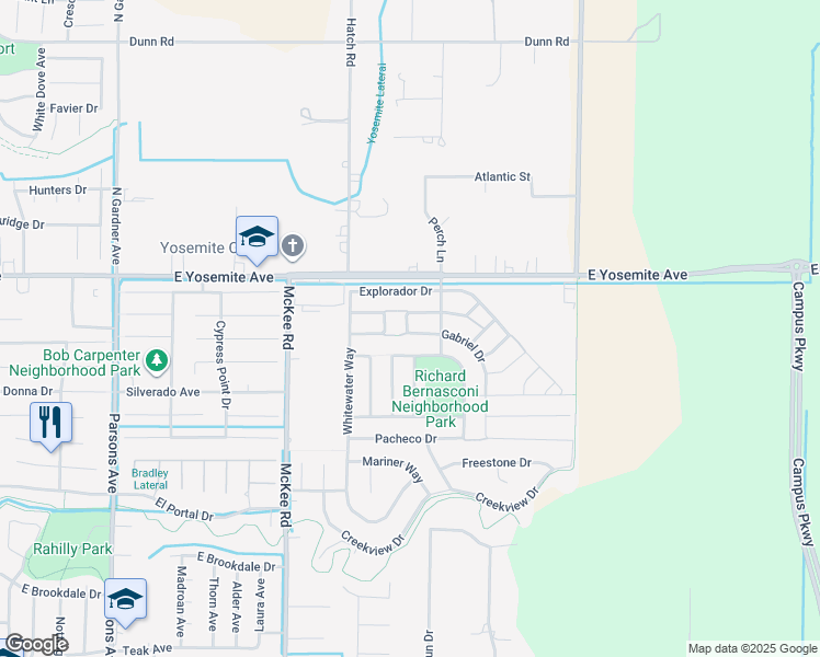 map of restaurants, bars, coffee shops, grocery stores, and more near 2355 Gabriel Dr in Merced