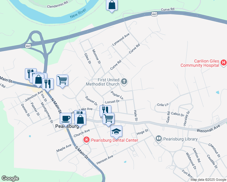 map of restaurants, bars, coffee shops, grocery stores, and more near 306 Poplar Lane in Pearisburg