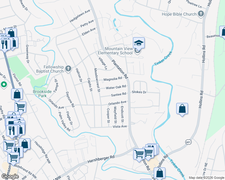 map of restaurants, bars, coffee shops, grocery stores, and more near 543 Water Oak Rd in Roanoke