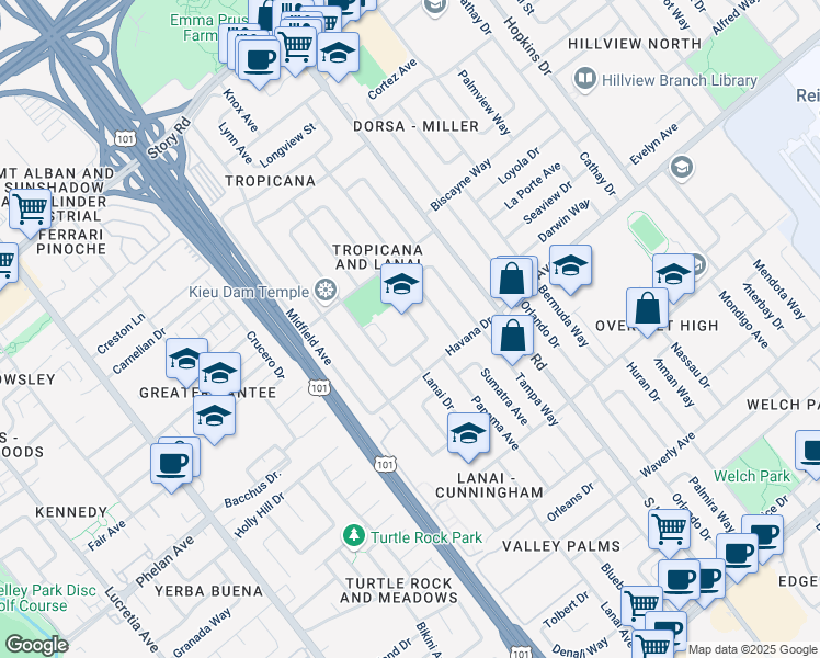 map of restaurants, bars, coffee shops, grocery stores, and more near 1718 June Avenue in San Jose