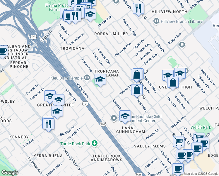 map of restaurants, bars, coffee shops, grocery stores, and more near 1718 June Avenue in San Jose