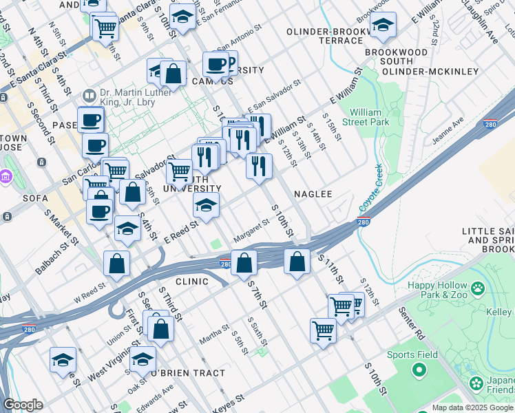 map of restaurants, bars, coffee shops, grocery stores, and more near 637 South 9th Street in San Jose