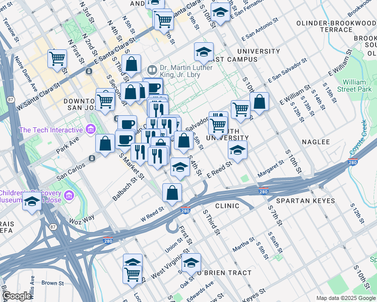 map of restaurants, bars, coffee shops, grocery stores, and more near 465 South 4th Street in San Jose