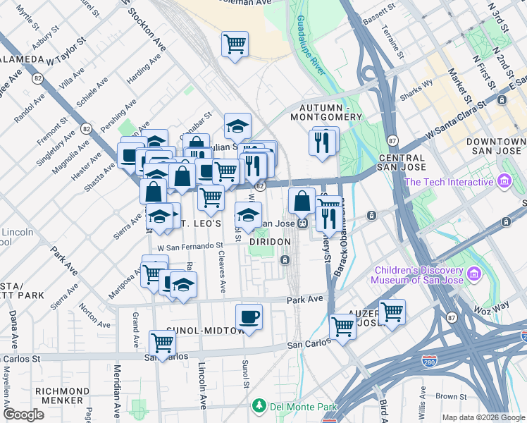 map of restaurants, bars, coffee shops, grocery stores, and more near 6 Bush Street in San Jose