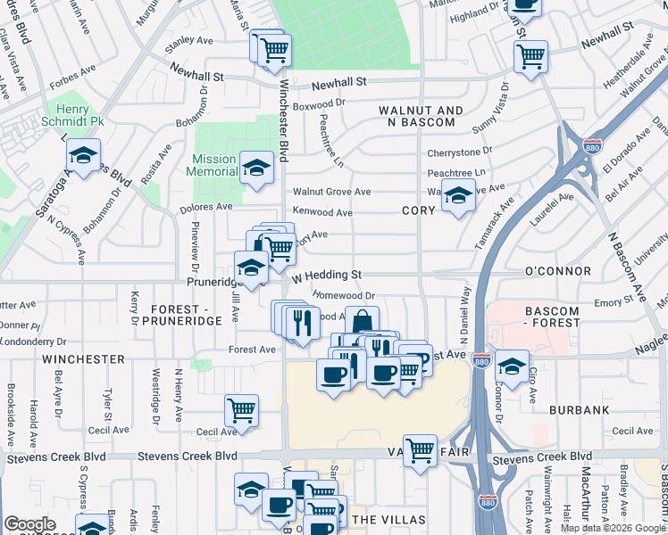 map of restaurants, bars, coffee shops, grocery stores, and more near 2461 West Hedding Street in San Jose