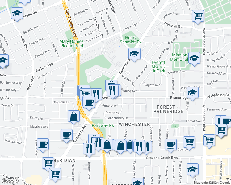 map of restaurants, bars, coffee shops, grocery stores, and more near 2327 Pruneridge Avenue in Santa Clara